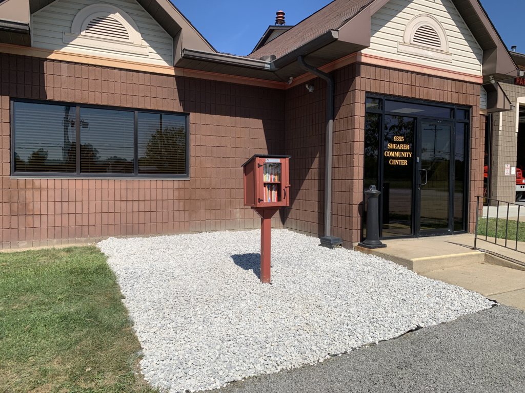 Little Free Library installed near the front entrance of the Shearer Community Center